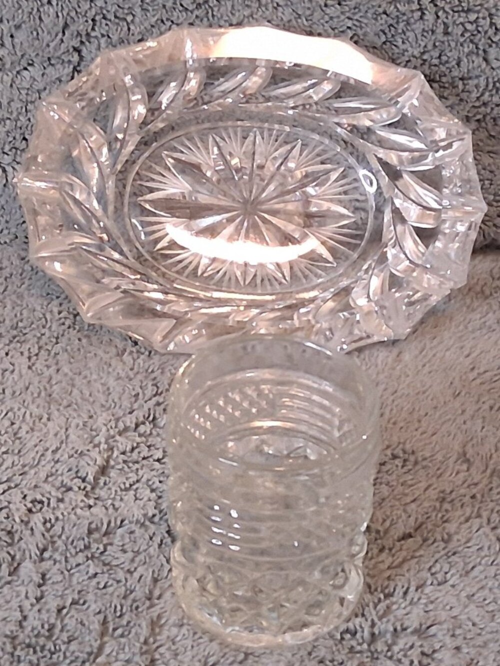 Vintage Pressed Glass Set - Diamond Pattern Tumbler & Starburst Cut Dish